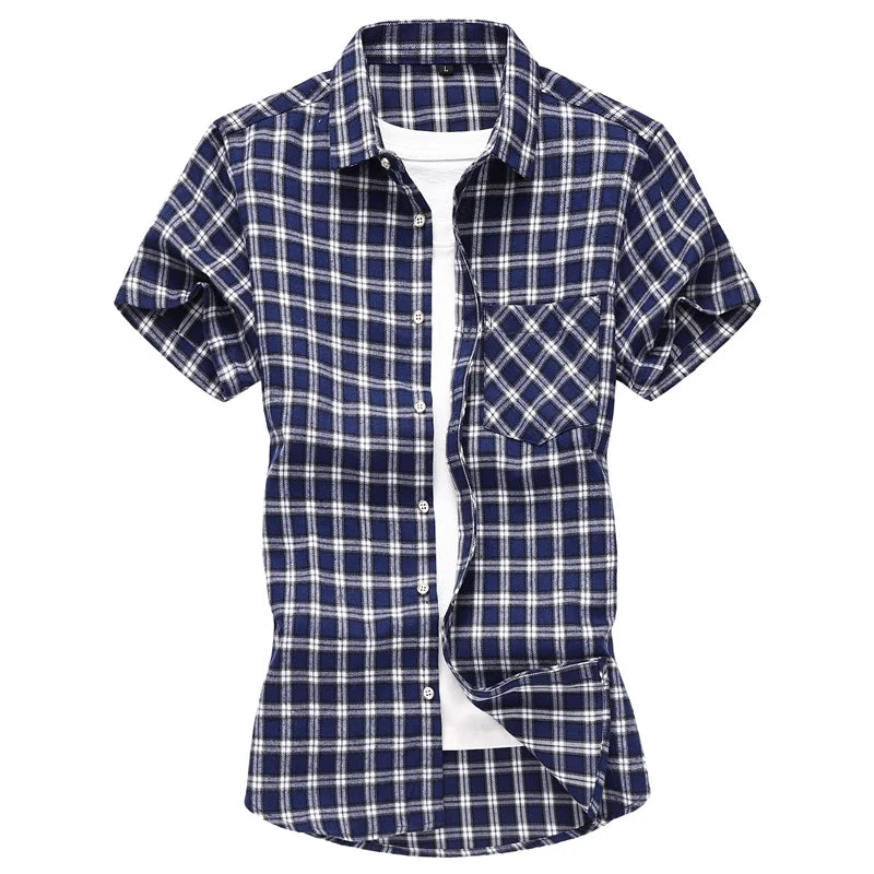 Striped Plaid Short-sleeved Shirt Men's Single-breasted Square Collar Cotton Shirts Summer Fashion Casual Camisa Men Chemise 7XL