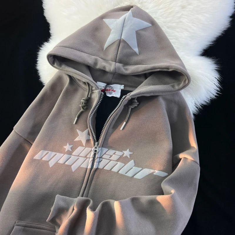 Star Print Hoodies Women's Y2K Street Hip-Hop Zipper Sweatshirt Couple Loose Cashmere Hoodie Cardigan Unisex Casual Coat Women's