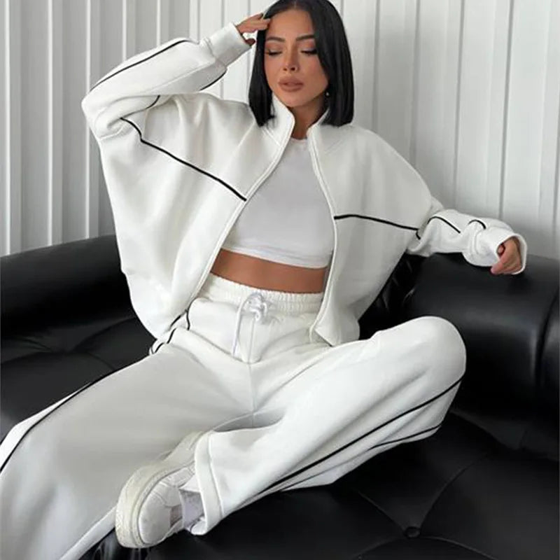 Jacket Women Tracksuit Wide Leg Pants Two Pieces Set Half High Neck Zippers Cardigan Outerwear Drawstring Pockets Matching Set
