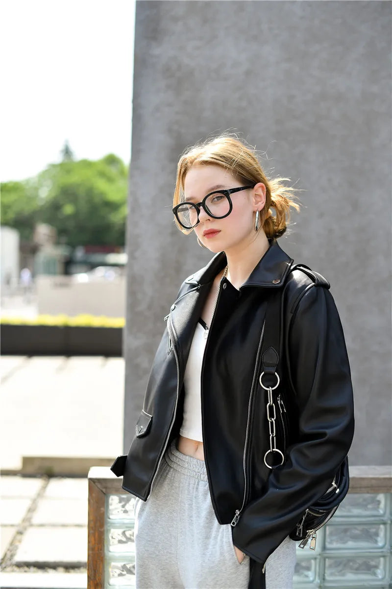 ZVRI classic black Spring and Autumn 2023 The new belt detachable epaulet motorcycle jacket leather jacket