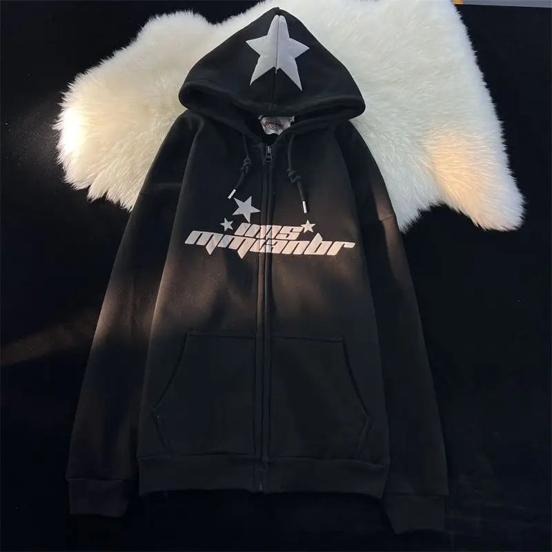 Star Print Hoodies Women's Y2K Street Hip-Hop Zipper Sweatshirt Couple Loose Cashmere Hoodie Cardigan Unisex Casual Coat Women's