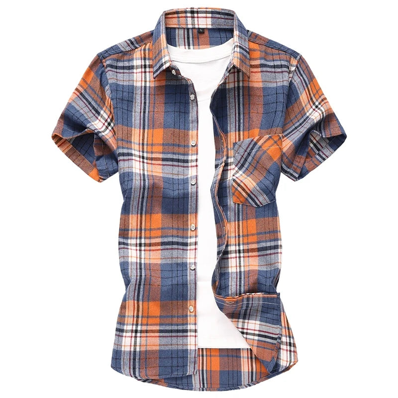 Striped Plaid Short-sleeved Shirt Men's Single-breasted Square Collar Cotton Shirts Summer Fashion Casual Camisa Men Chemise 7XL