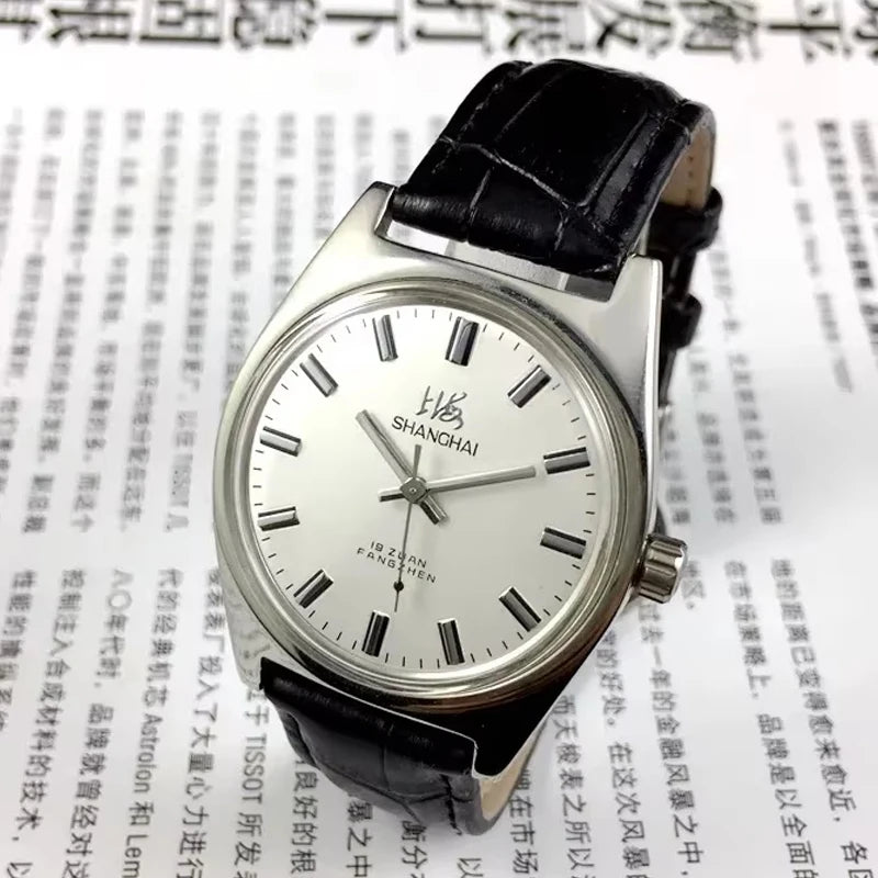 Shanghai Manual Mechanical Watch for Men Hand Wind Wristwatch Original Reloj Business Man Black Leather Old Orologio Male Clock