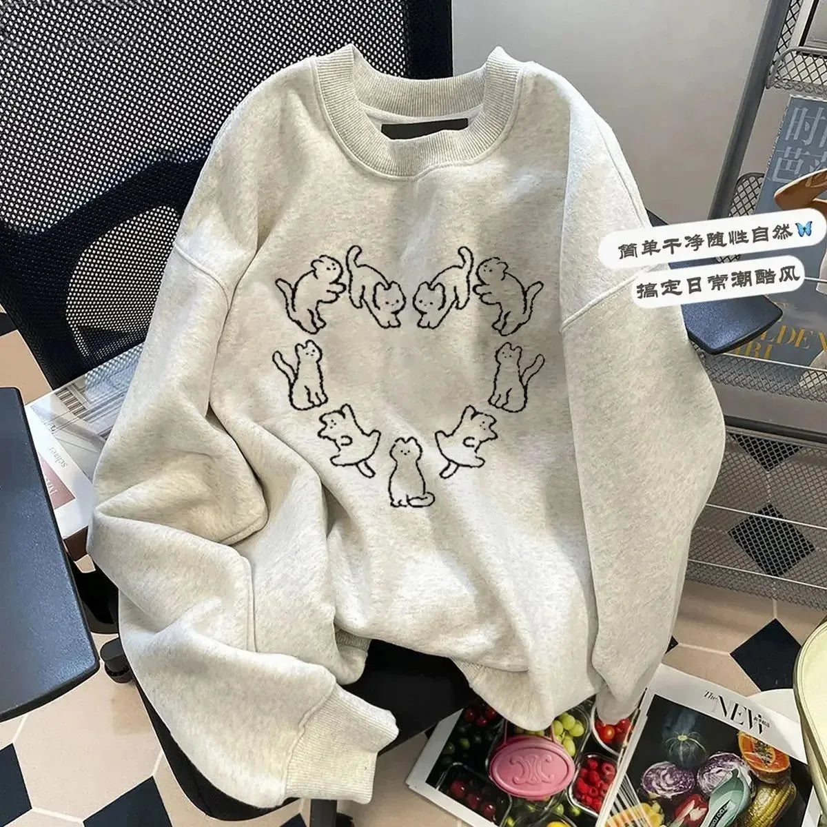 Korean Version of The New Cat Print Crew Neck Hoodie for Men and Women Loose Fit Casual Couple Autumn and Winter Long Sleeves