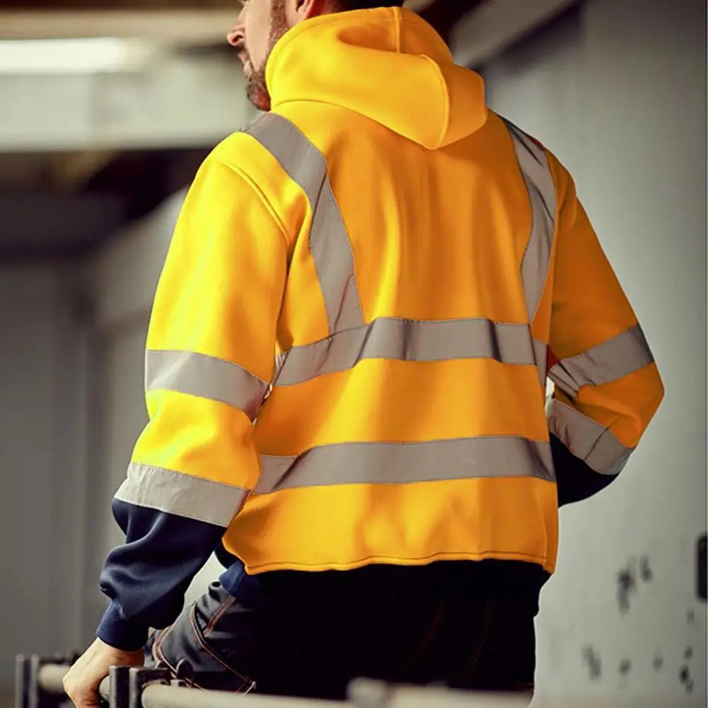 Reflective Hoodie Reflective Strip Men's Hoodie Coat with Drawstring Closure for Outdoor Work Safety Warm Cold-proof Overalls