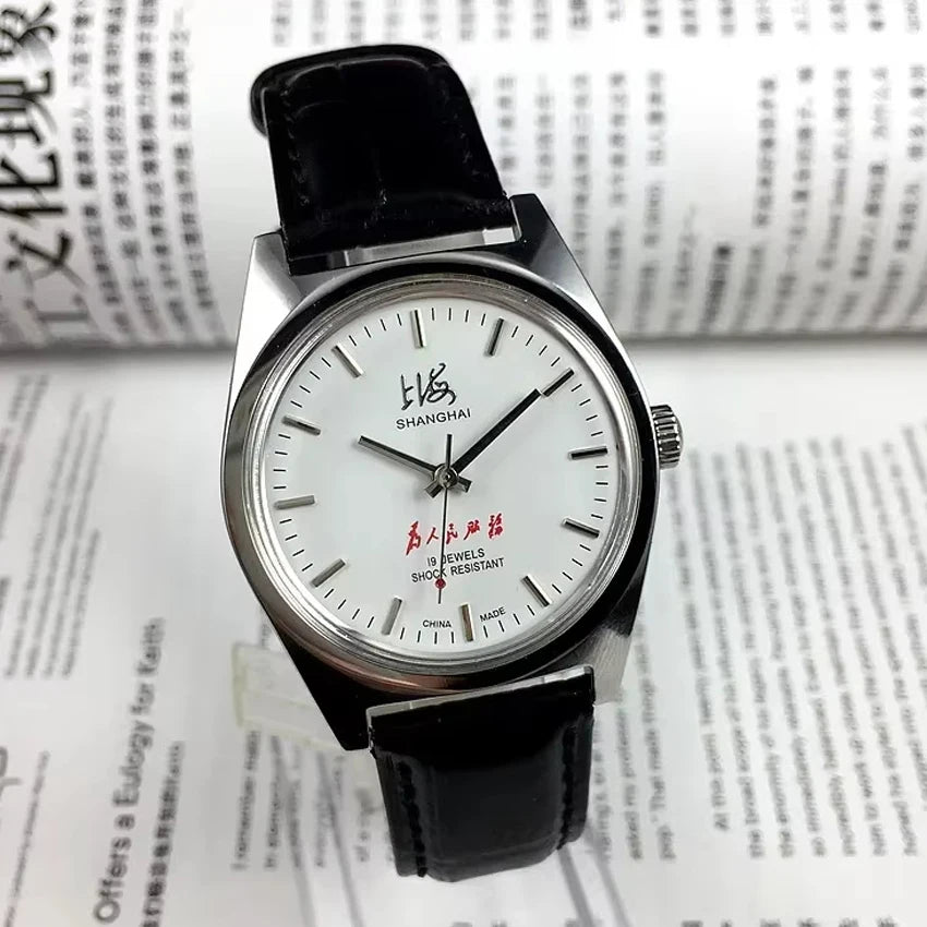 Shanghai Manual Mechanical Watch for Men Hand Wind Wristwatch Original Reloj Business Man Black Leather Old Orologio Male Clock