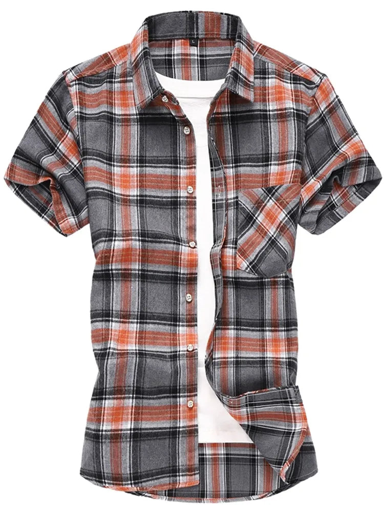Striped Plaid Short-sleeved Shirt Men's Single-breasted Square Collar Cotton Shirts Summer Fashion Casual Camisa Men Chemise 7XL