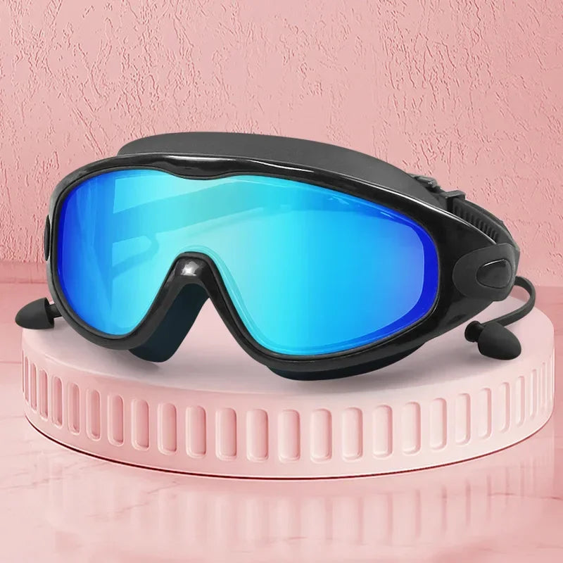 Swim Goggles with Ear Plugs UV Protection No Leaking Anti Fog Lens Swimming Glasses Wide Blue Light Blocking Comfortable Eyewear