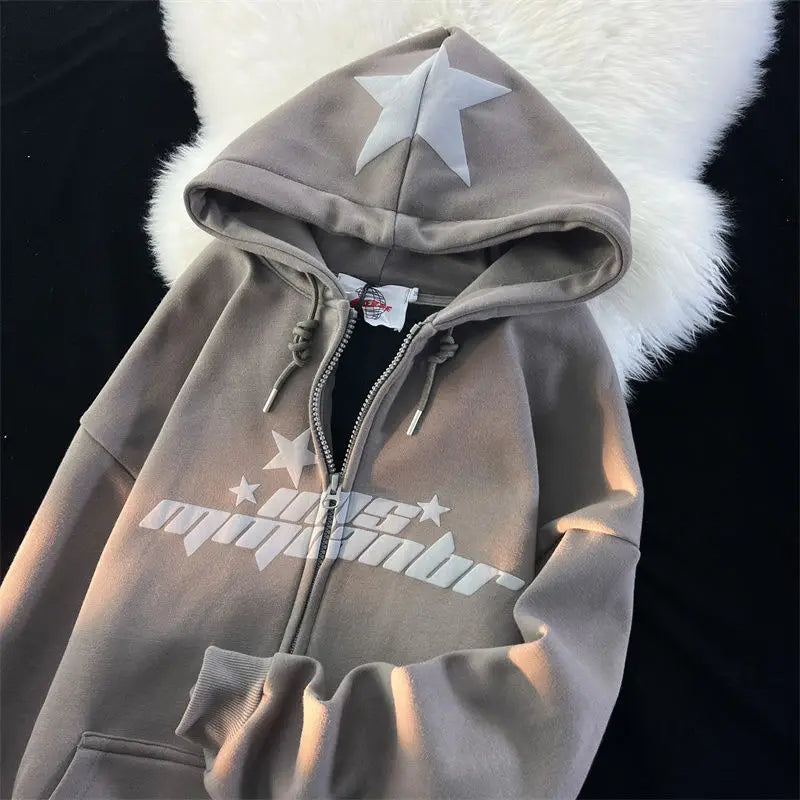 Star Print Hoodies Women's Y2K Street Hip-Hop Zipper Sweatshirt Couple Loose Cashmere Hoodie Cardigan Unisex Casual Coat Women's