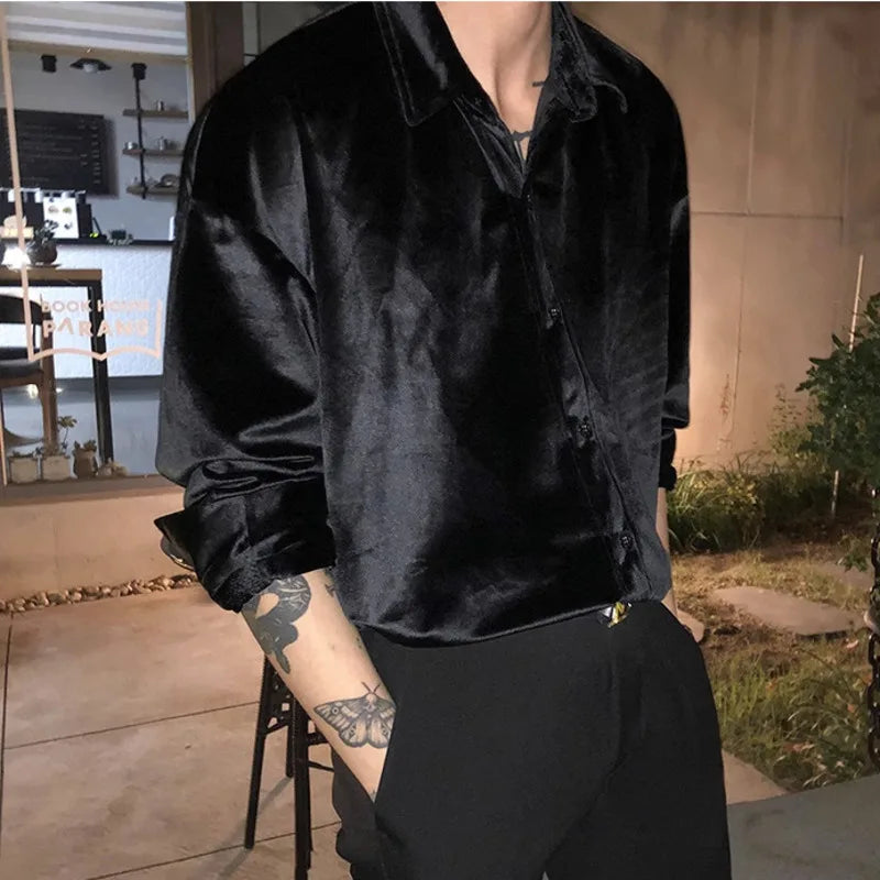 Velvet Shirt Men 2024 Autumn New Vintage Long Sleeve Casual Shirts Fashion Streetwear All-Matching Solid Bottoming Blouses