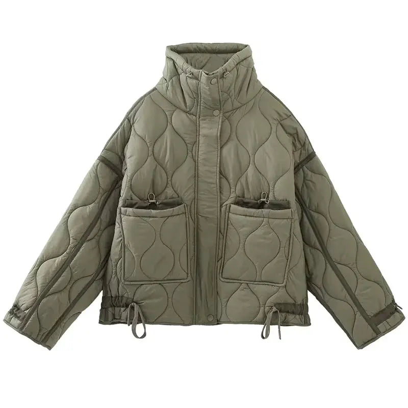 TRAFZA 2024 New Women Fashion Coat Long Sleeve Jackets With Drawstring Versatile Hight Street Outerwear Female Mujer Winter Coat