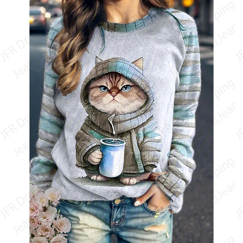 Coffee Cat 3d Print Hoodie Women Fashion Crew Neck Casual Hoodies Animal Cat Sweatshirts Girl Coats Women Sweats Female Clothes
