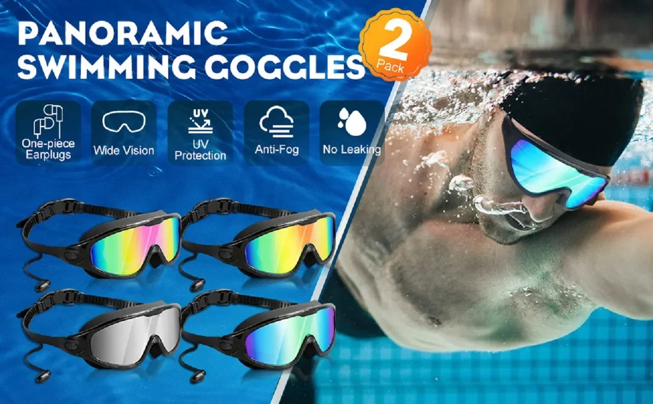 Swim Goggles with Ear Plugs UV Protection No Leaking Anti Fog Lens Swimming Glasses Wide Blue Light Blocking Comfortable Eyewear