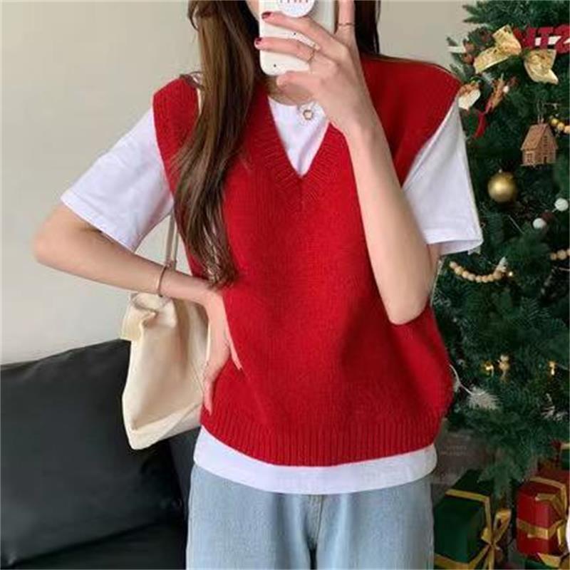 Women V-neck Daily Solid Sleeveless Knitwear