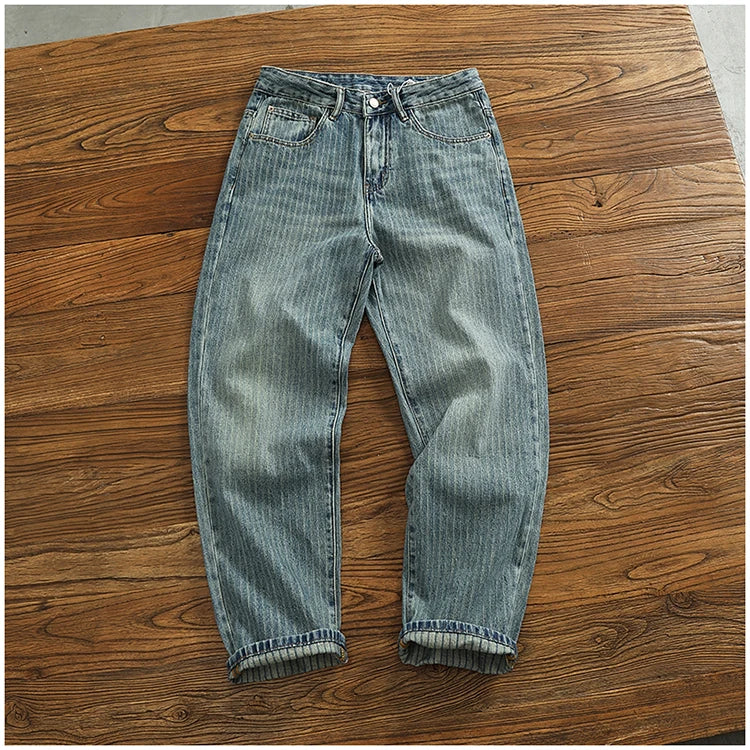 Heavy chunky jeans men vintage do old wash dark vertical texture of loose straight leg denim pants