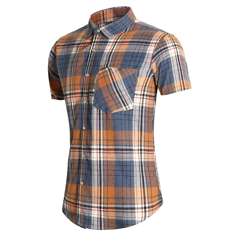 Striped Plaid Short Sleeved Shirt Men's Single-breasted Square Collar Cotton Shirts Summer Fashion Casual Camisa Men Chemise 7XL