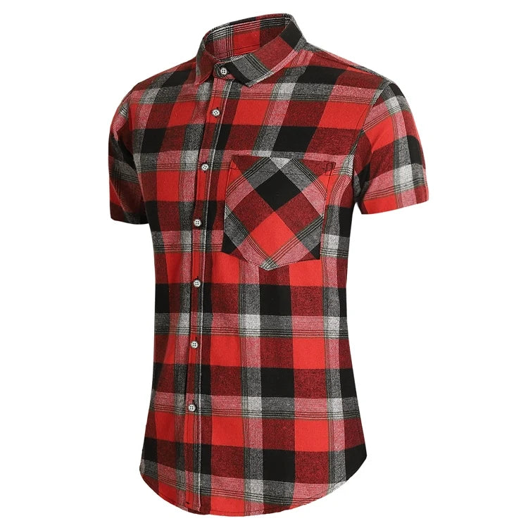 Striped Plaid Short Sleeved Shirt Men's Single-breasted Square Collar Cotton Shirts Summer Fashion Casual Camisa Men Chemise 7XL