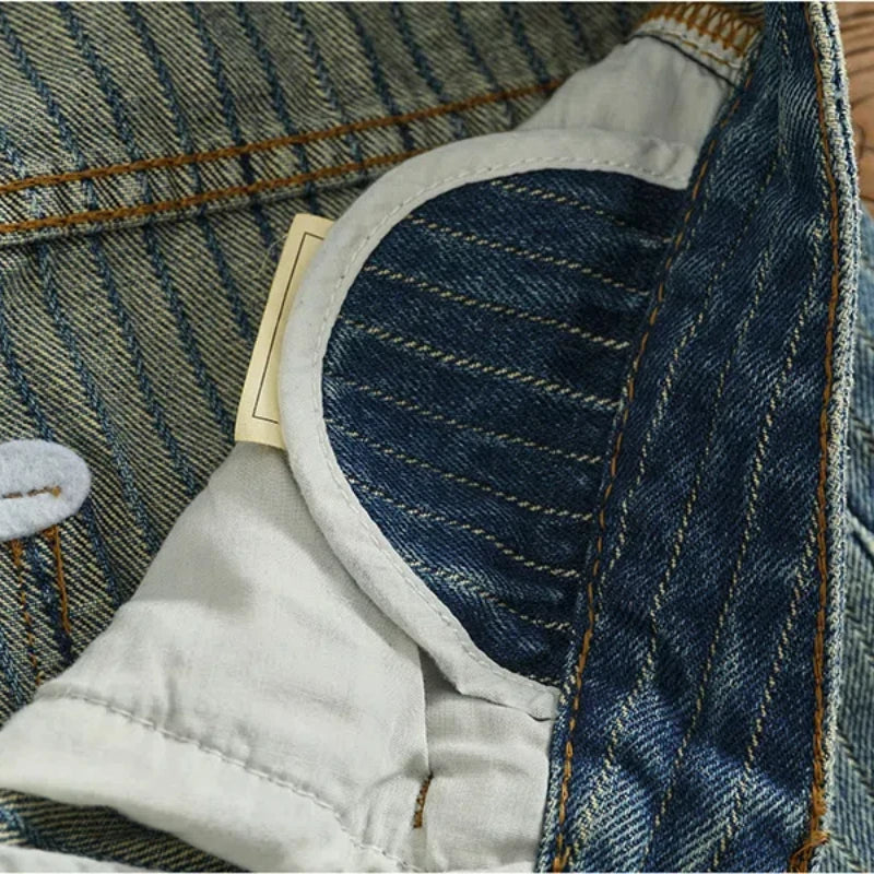 Heavy chunky jeans men vintage do old wash dark vertical texture of loose straight leg denim pants