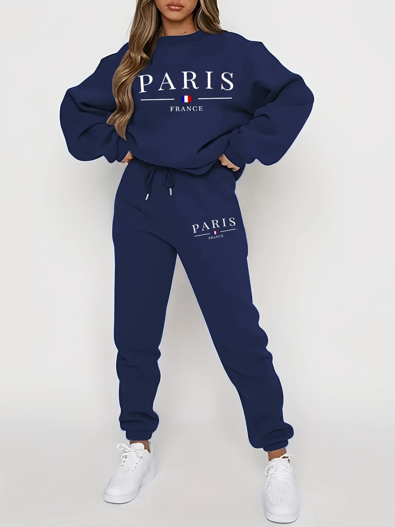 Women's Autumn/Winter Hip Hop Casual Street Paris French Pattern Printed Round Neck Sweatshirt+Sweatpants Warm Set