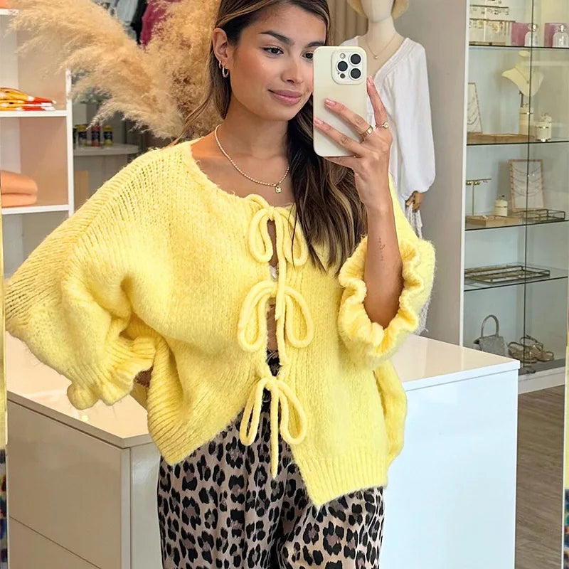 Bow Lace Up Hollow Out Knitted Cardigan for Women