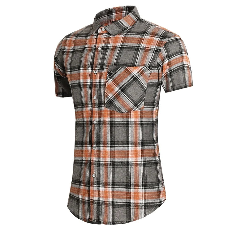 Striped Plaid Short Sleeved Shirt Men's Single-breasted Square Collar Cotton Shirts Summer Fashion Casual Camisa Men Chemise 7XL