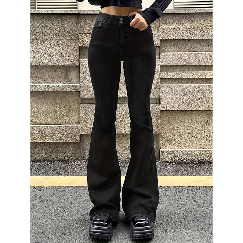 Women Fashion Streetwear Designer Classic Jeans Female High Waist Bell Bottom Trousers Female Aesthetic Gray Goth Flare Pants