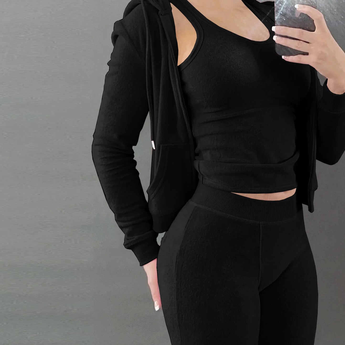 Autumn Winter Double-sided Velvet Vest 3 Piece Set For Woman's Fashion Hooded Sweatshirt Jacket Slim Pocket Trousers Female Suit
