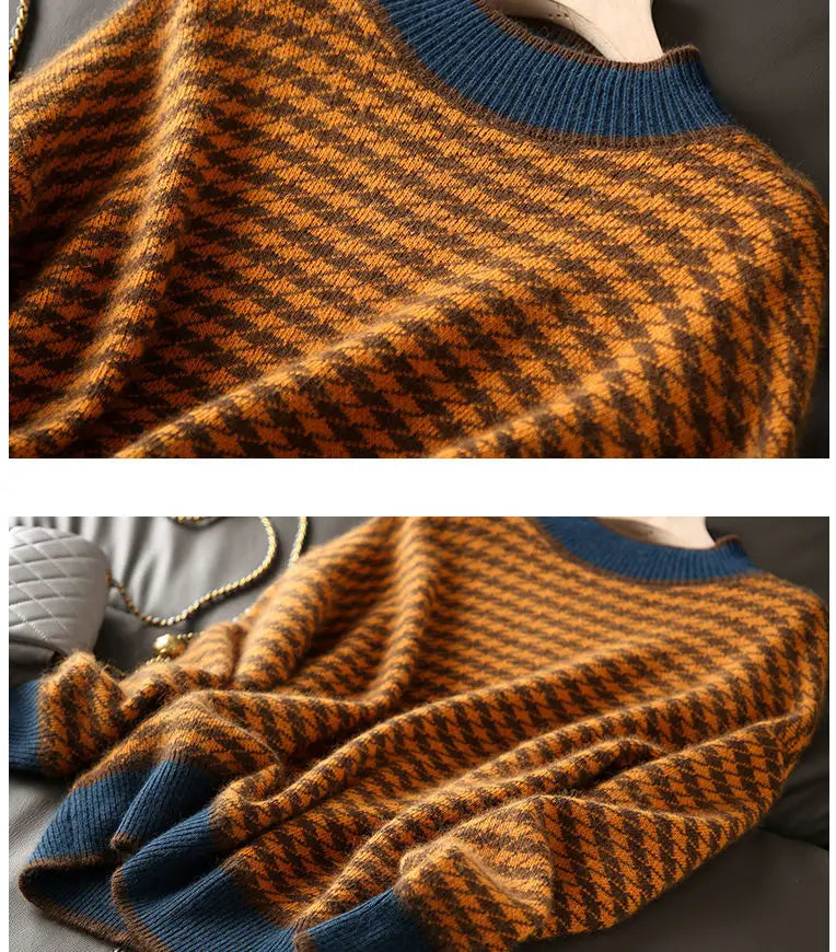 Houndstooth half turtleneck loose and thin knitted sweater women 22 autumn long sleeve casual plaid pullover sweater female