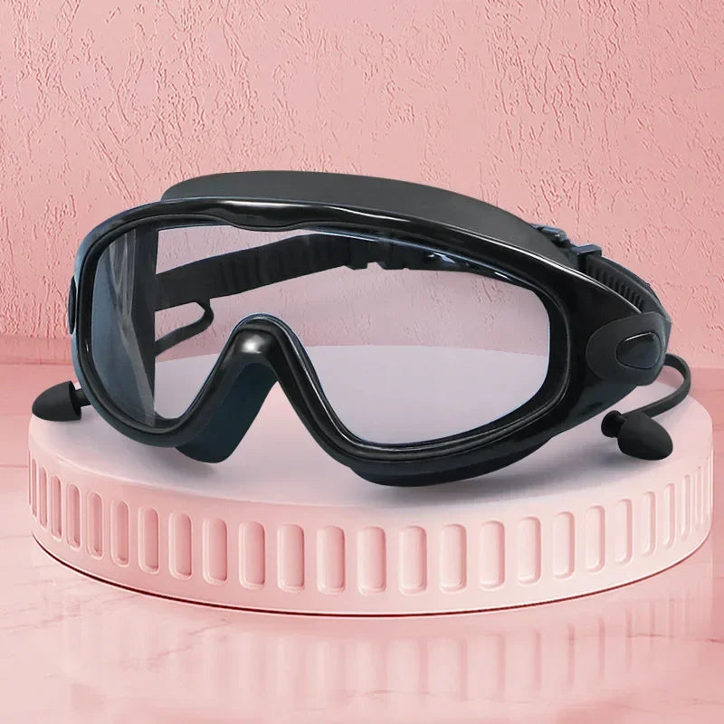 Swim Goggles with Ear Plugs UV Protection No Leaking Anti Fog Lens Swimming Glasses Wide Blue Light Blocking Comfortable Eyewear