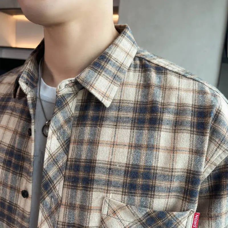 Men's Long Sleeved Checkered Shirt, Korean Slim Fit Jacket, Casual Student Trend Shirt, Lining