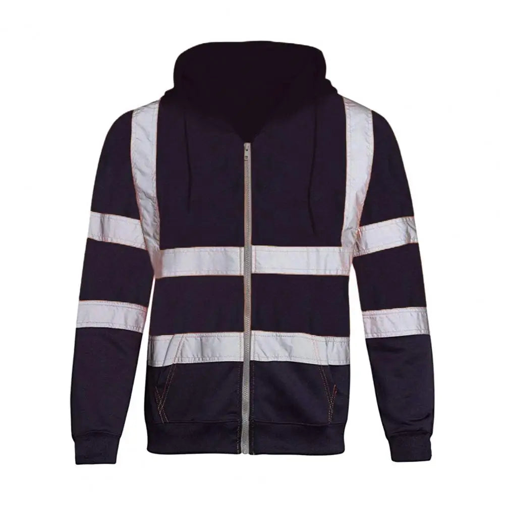 Reflective Hoodie Reflective Strip Men's Hoodie Coat with Drawstring Closure for Outdoor Work Safety Warm Cold-proof Overalls