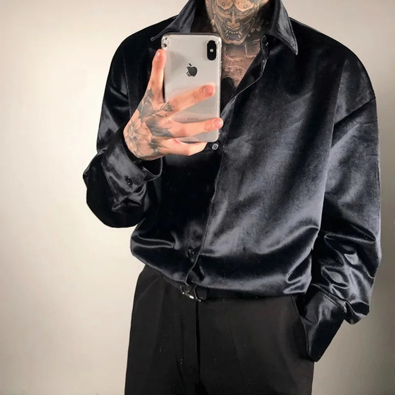 Velvet Shirt Men 2024 Autumn New Vintage Long Sleeve Casual Shirts Fashion Streetwear All-Matching Solid Bottoming Blouses