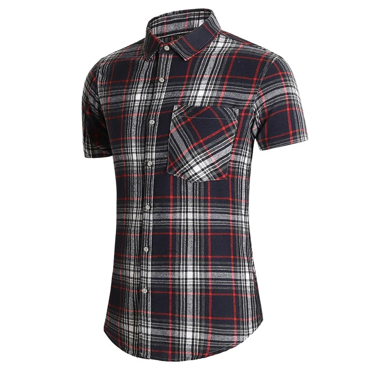 Striped Plaid Short Sleeved Shirt Men's Single-breasted Square Collar Cotton Shirts Summer Fashion Casual Camisa Men Chemise 7XL