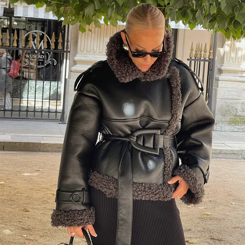 Vintage Faux Pu Leather Winter Jackets Women Casual Patchwork Lace Up Full Sleeve Female Coat Turn-down Collar Ladies Outwears