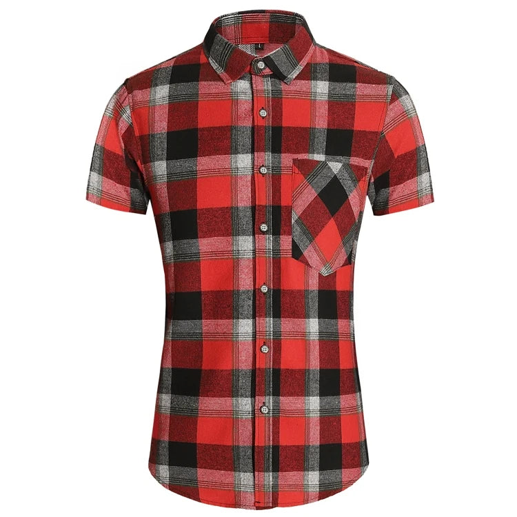 Striped Plaid Short Sleeved Shirt Men's Single-breasted Square Collar Cotton Shirts Summer Fashion Casual Camisa Men Chemise 7XL
