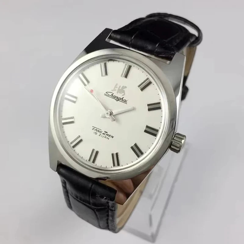 Shanghai Manual Mechanical Watch for Men Hand Wind Wristwatch Original Reloj Business Man Black Leather Old Orologio Male Clock