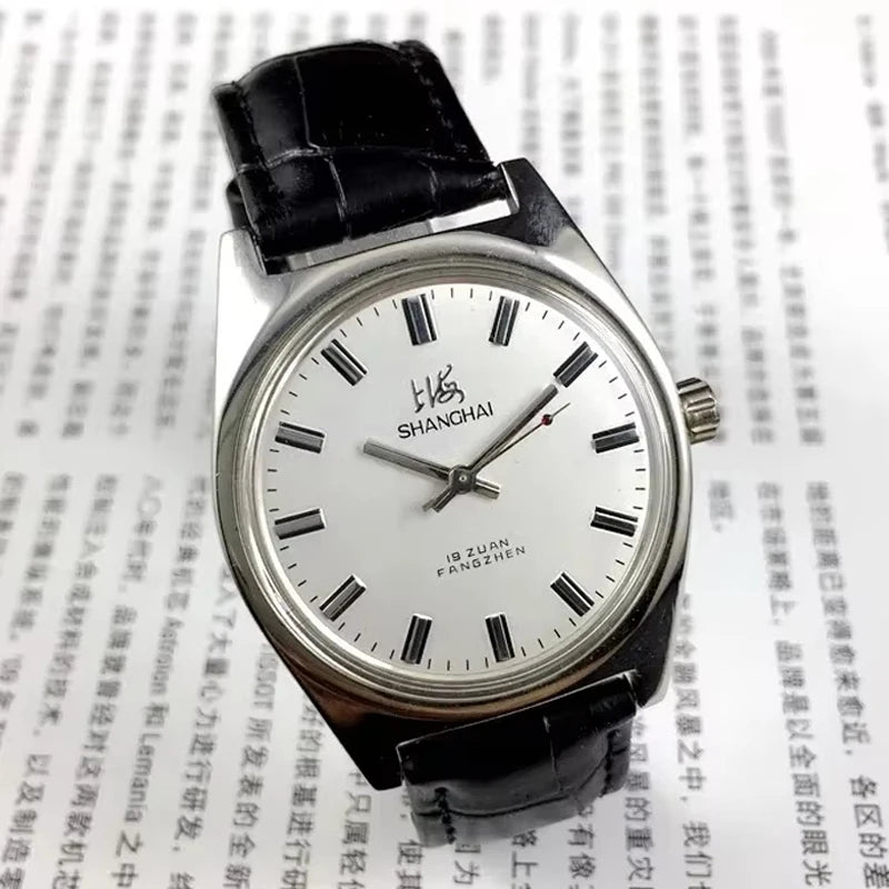 Shanghai Manual Mechanical Watch for Men Hand Wind Wristwatch Original Reloj Business Man Black Leather Old Orologio Male Clock