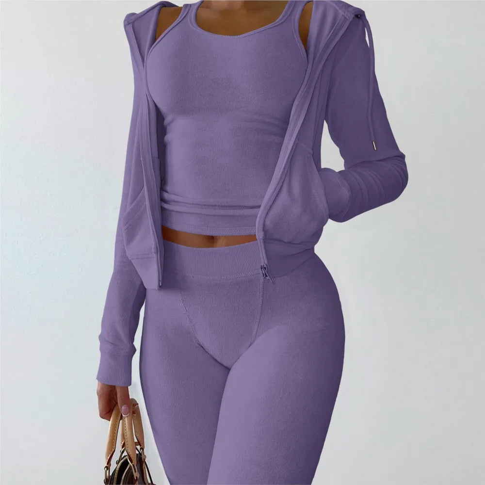 Autumn Winter Double-sided Velvet Vest 3 Piece Set For Woman's Fashion Hooded Sweatshirt Jacket Slim Pocket Trousers Female Suit