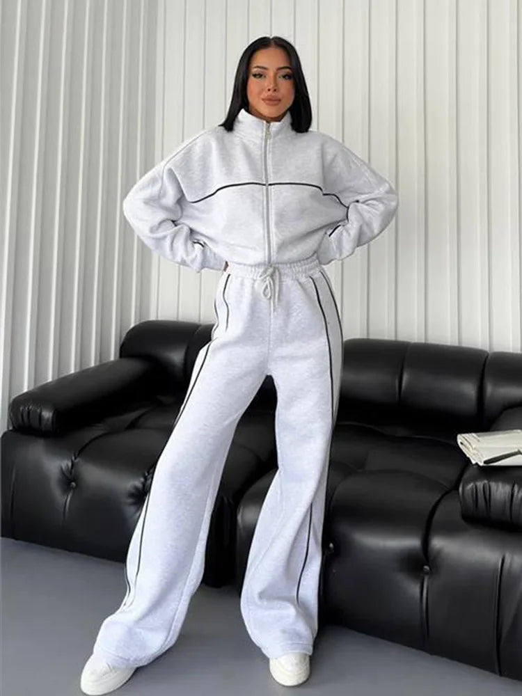Jacket Women Tracksuit Wide Leg Pants Two Pieces Set Half High Neck Zippers Cardigan Outerwear Drawstring Pockets Matching Set