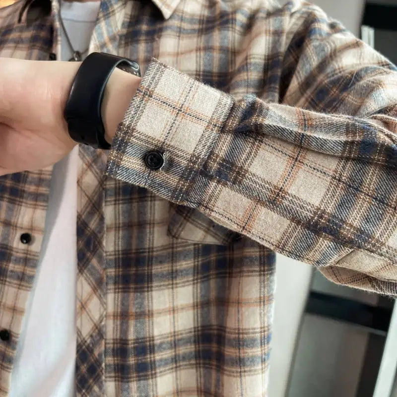 Men's Long Sleeved Checkered Shirt, Korean Slim Fit Jacket, Casual Student Trend Shirt, Lining