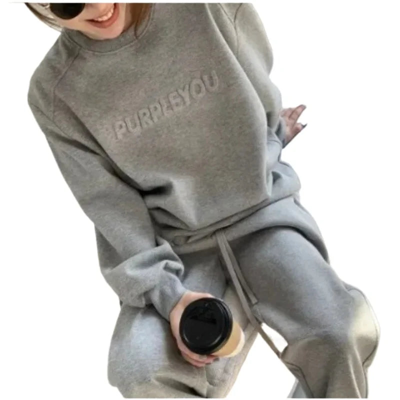 Large Size Velvet Thickened Sports and Leisure Suit Women's Autumn and Winter New Fashion Loose Sweater Trousers Two-piece Set