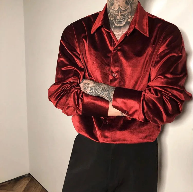 Velvet Shirt Men 2024 Autumn New Vintage Long Sleeve Casual Shirts Fashion Streetwear All-Matching Solid Bottoming Blouses