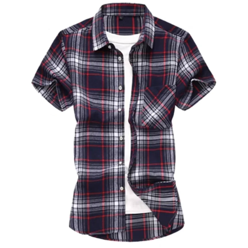 Striped Plaid Short-sleeved Shirt Men's Single-breasted Square Collar Cotton Shirts Summer Fashion Casual Camisa Men Chemise 7XL