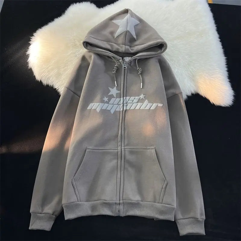 Star Print Hoodies Women's Y2K Street Hip-Hop Zipper Sweatshirt Couple Loose Cashmere Hoodie Cardigan Unisex Casual Coat Women's