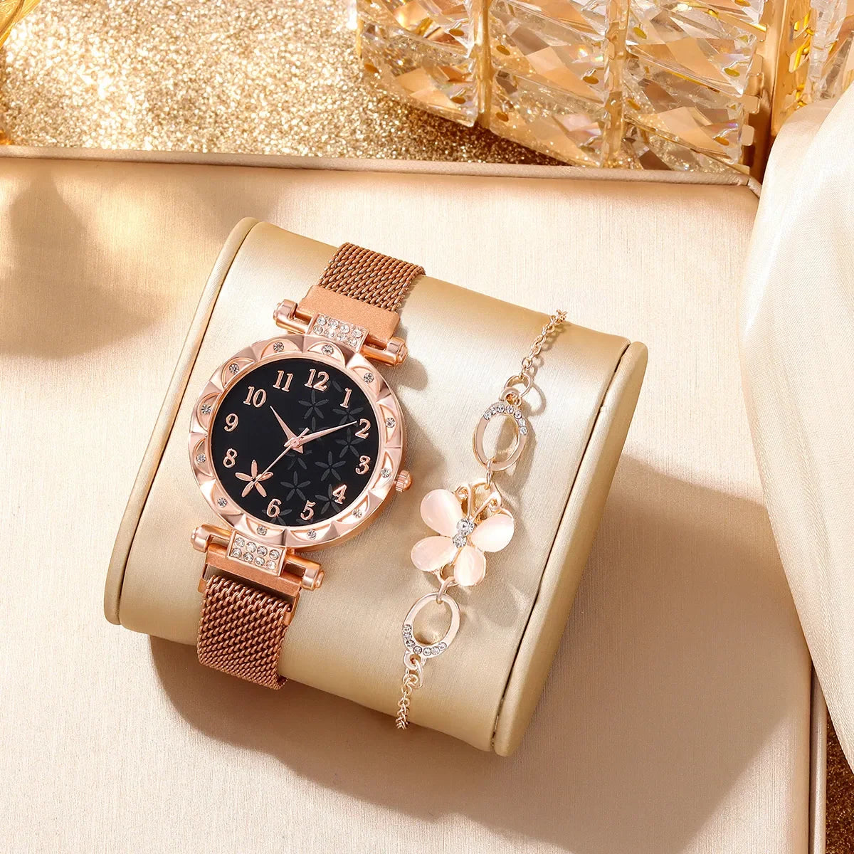 2 PCS New Women's Small Fresh Fashion Digital Rhinestone Star Quartz Watch Luxury Butterfly Jewelry Bracelet Birthday Gift Set