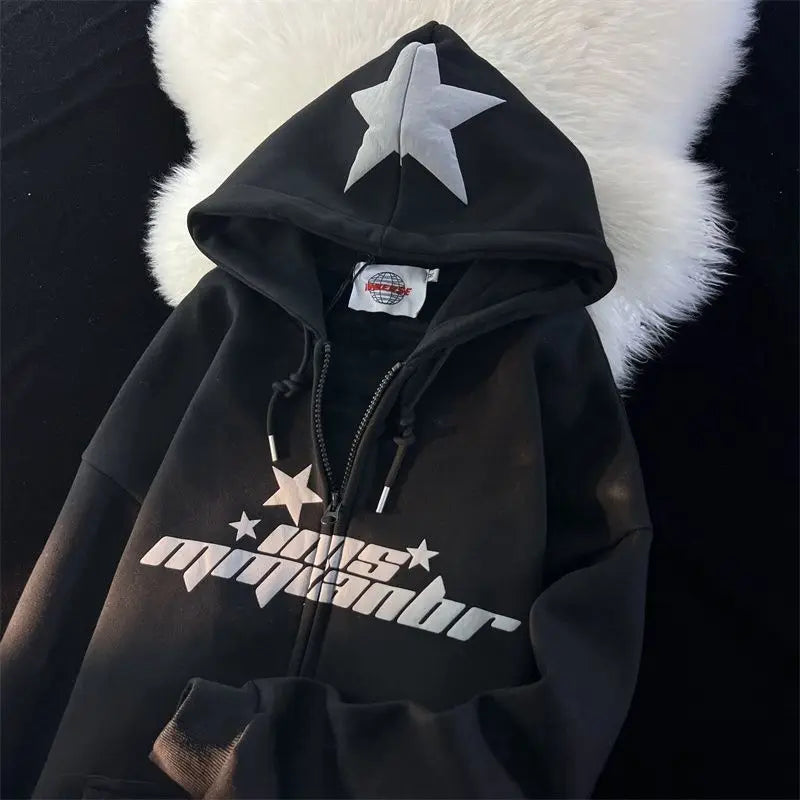 Star Print Hoodies Women's Y2K Street Hip-Hop Zipper Sweatshirt Couple Loose Cashmere Hoodie Cardigan Unisex Casual Coat Women's