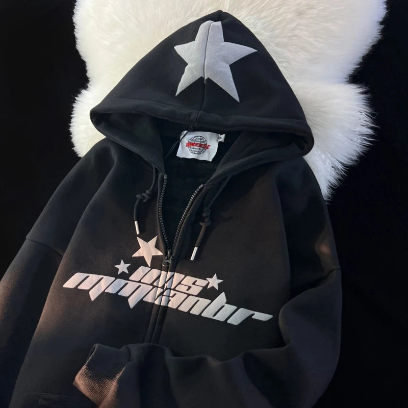 Star Print Hoodies Women's Y2K Street Hip-Hop Zipper Sweatshirt Couple Loose Cashmere Hoodie Cardigan Unisex Casual Coat Women's