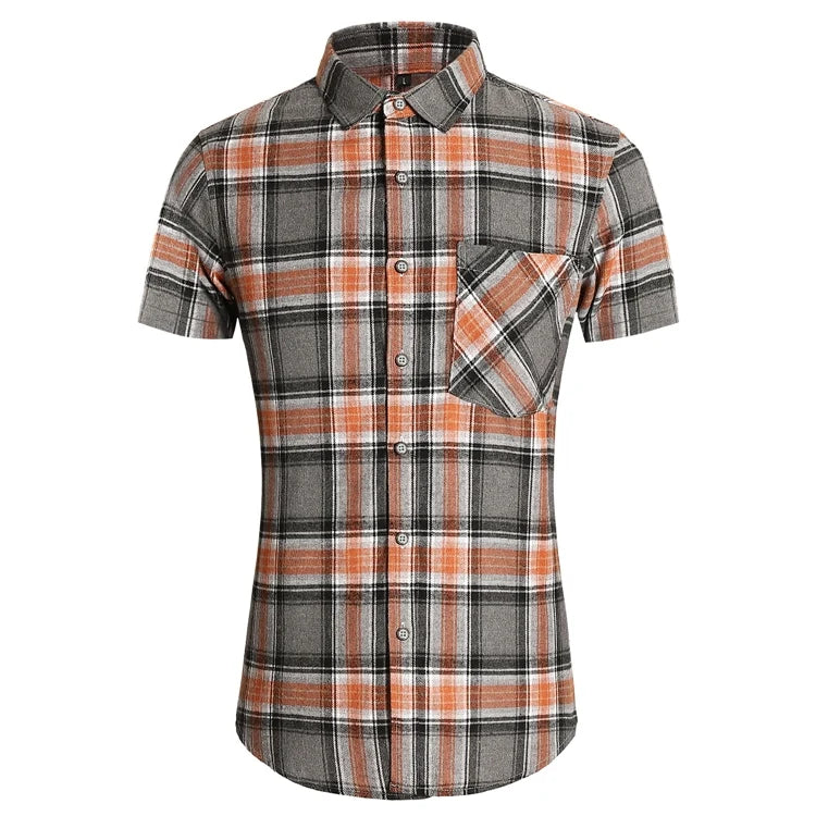 Striped Plaid Short Sleeved Shirt Men's Single-breasted Square Collar Cotton Shirts Summer Fashion Casual Camisa Men Chemise 7XL