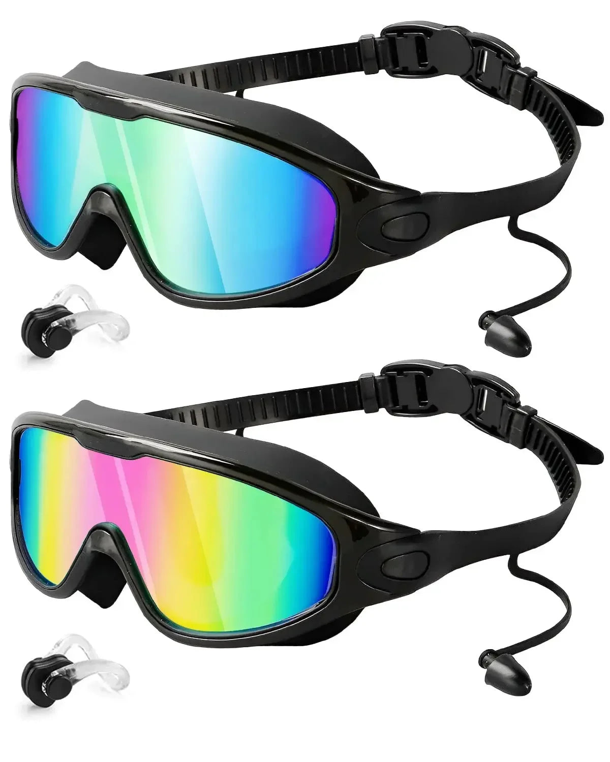 Swim Goggles with Ear Plugs UV Protection No Leaking Anti Fog Lens Swimming Glasses Wide Blue Light Blocking Comfortable Eyewear