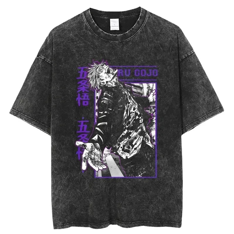 Vintage Anime Printed Washed T-shirt Men Women Cotton T Shirt Hip Hop Streetwear Summer Crew Neck Retro Short Sleeve Tees Tops